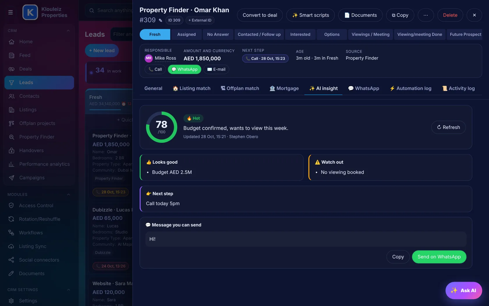 AI insight tab with a score of 78, reasons and next step