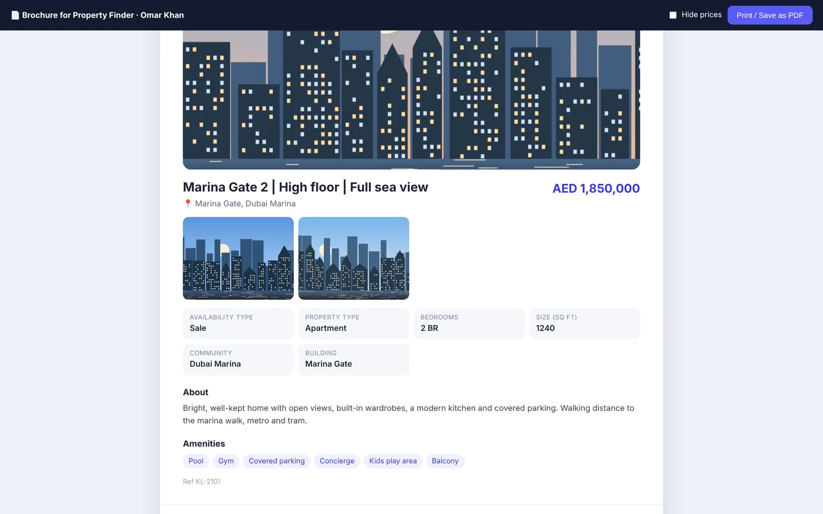 Branded property brochure with photos, price and details