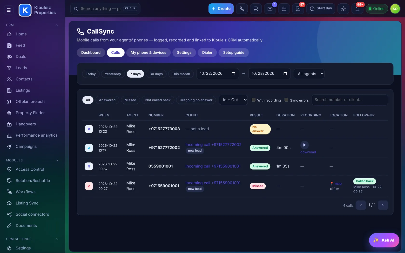 CallSync calls list with results, durations, recordings and follow-up