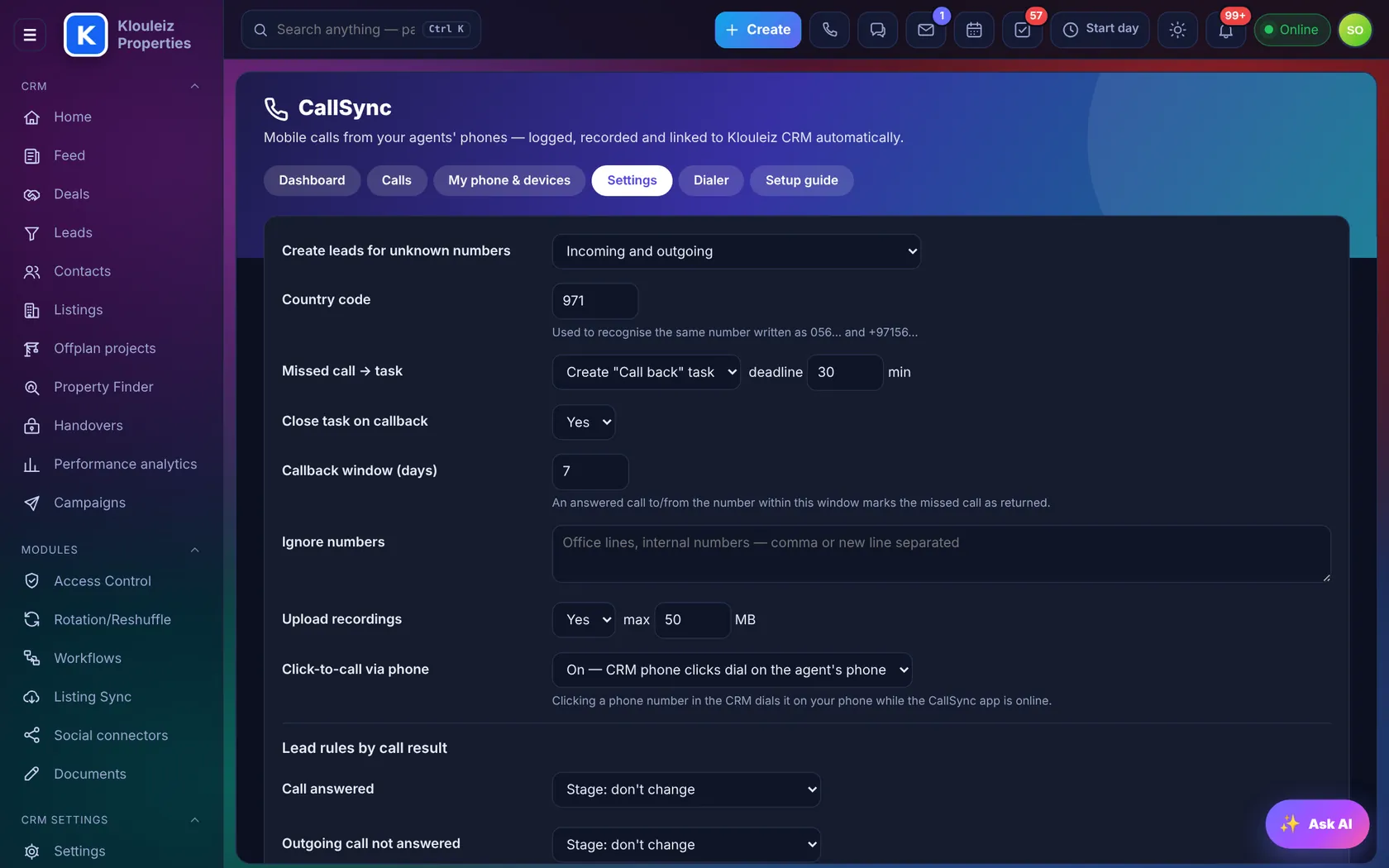 CallSync settings for leads, missed calls, recordings and click-to-call