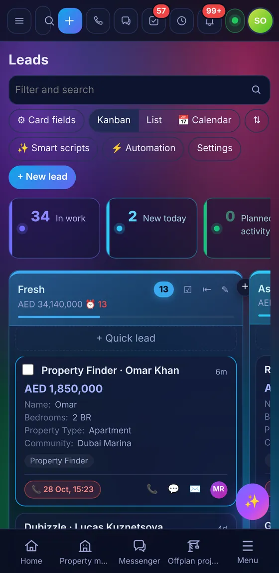 The leads board on a phone