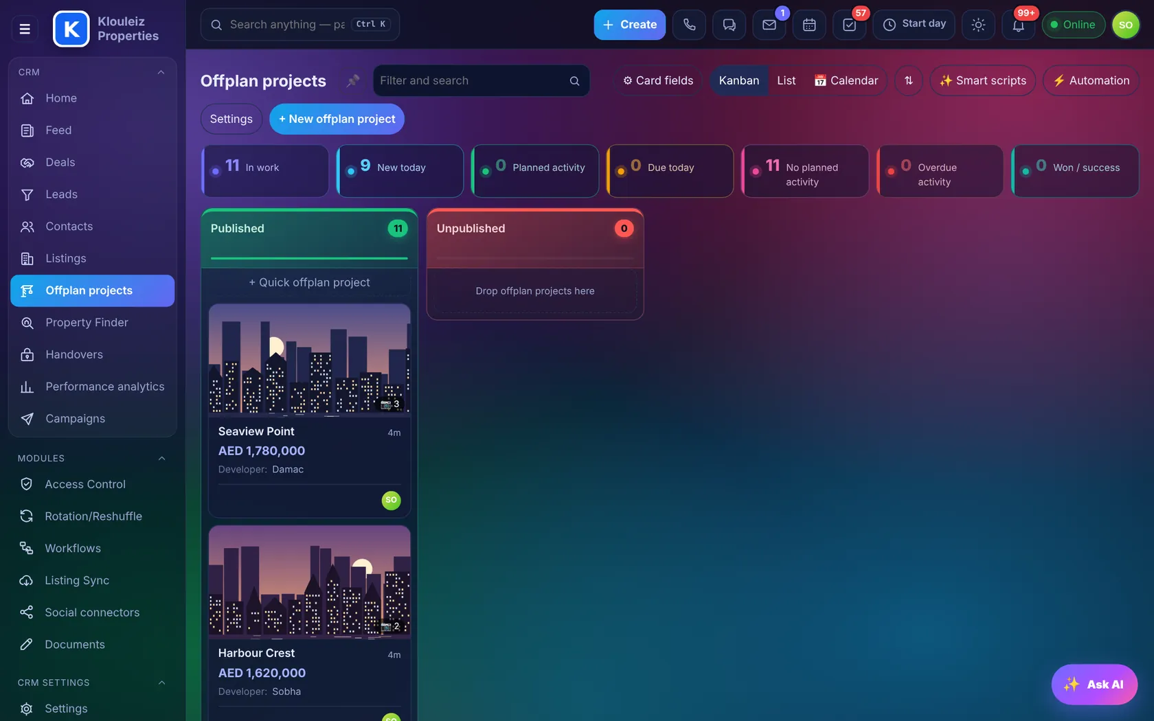 Off-plan projects board with cover photos