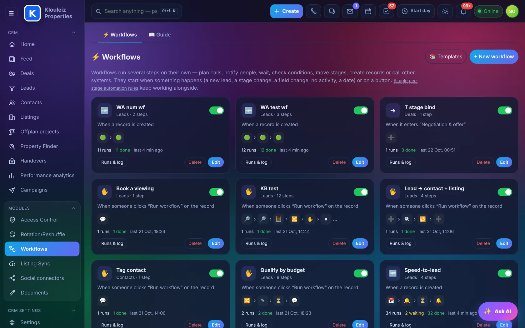 Workflows list with triggers, steps and runs